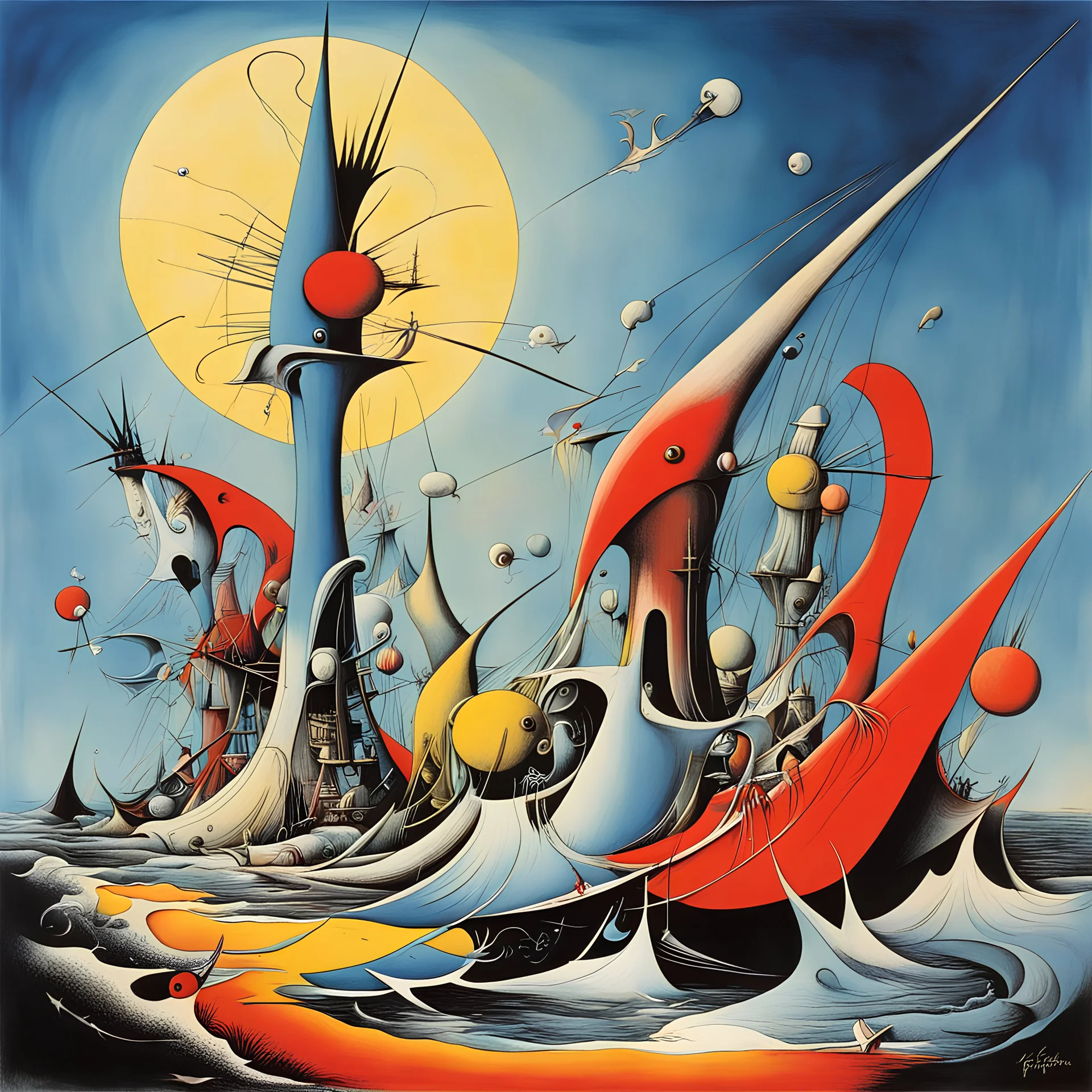 gov't propaganda; Yves Tanguy and Gerald Scarfe deliver a surreal masterpiece, bright colors, sinister textures, smooth,