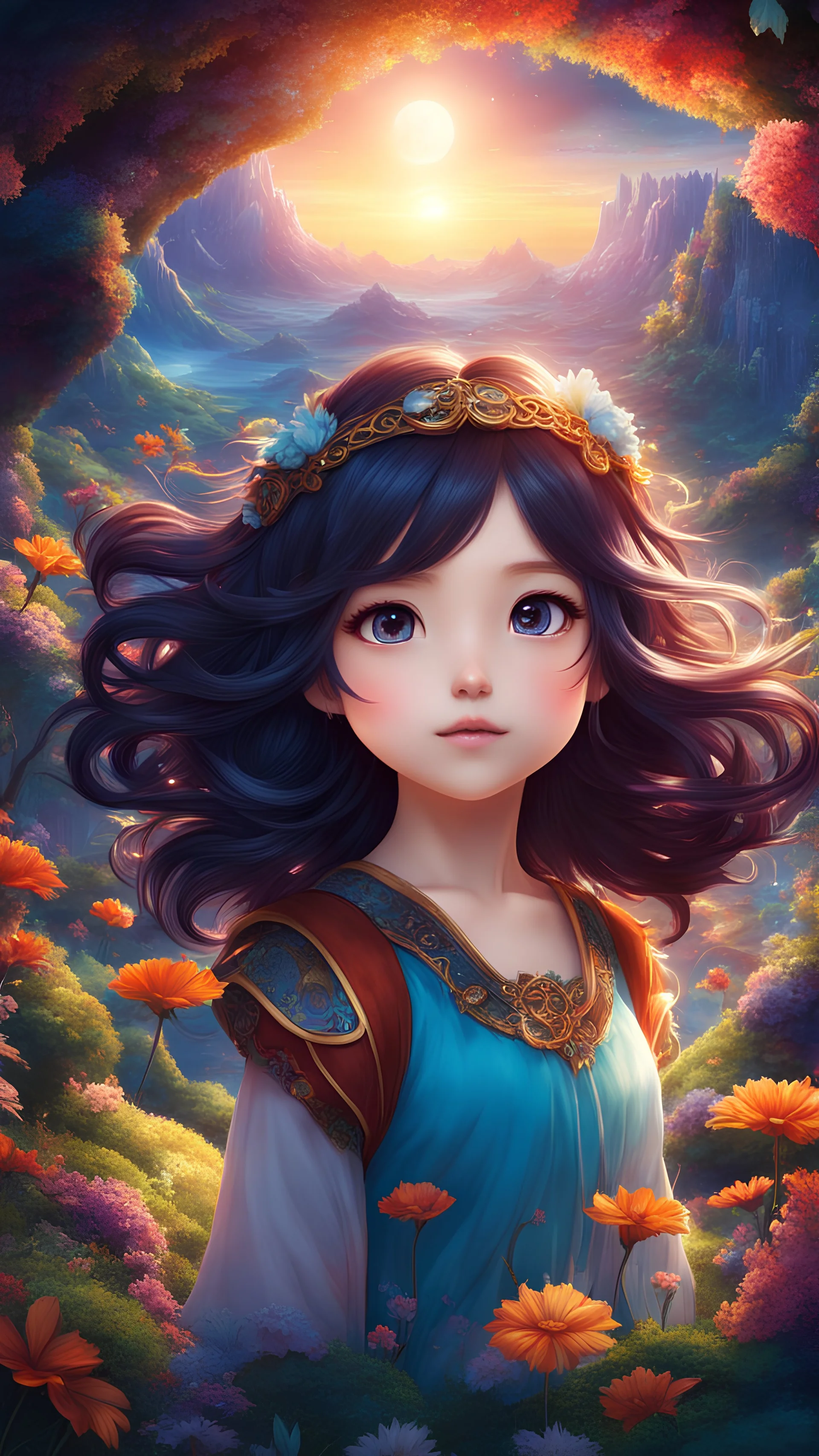 "Embark on a whimsical journey and illustrate an enchanting world with an adorable and beautiful anime girl at its center. With volcanic hair and big, glowing eyes, she leads us through a magical land of imagination, fantasy, and dreams. Use vivid colors and intricate details to bring this extraordinary realm to life, inviting the viewer to step into a realm of wonder and delight."