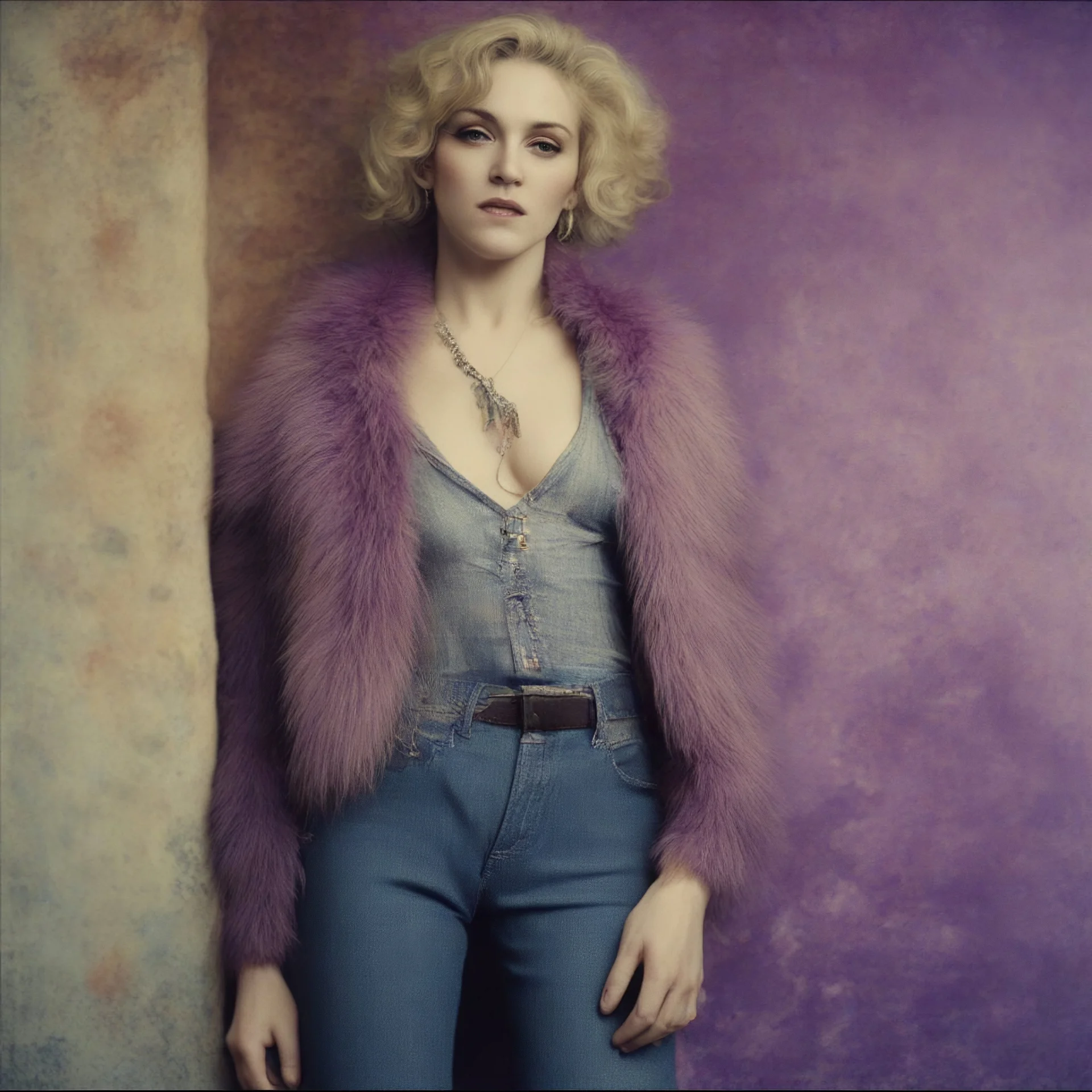 Singer Madonna, hippie girl, jeans, purple fur, striped wallpaper, old autochrome