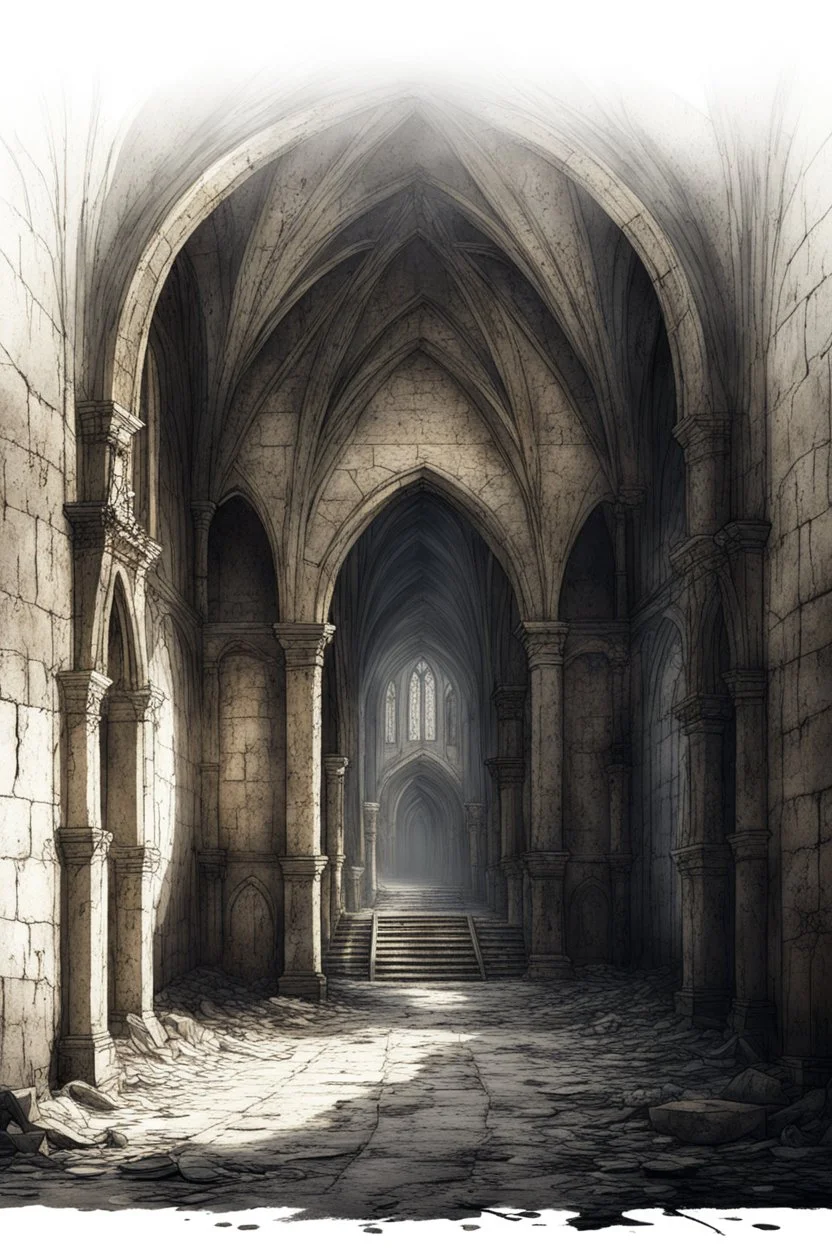 dark fantasy art of a medieval abandoned hall