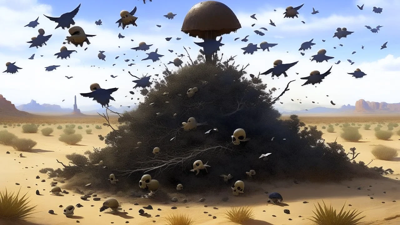 Pile of skulls accumulated in a desert terrain, crows flutter and perch around them and the wind raises dusty trails that drag dry plants