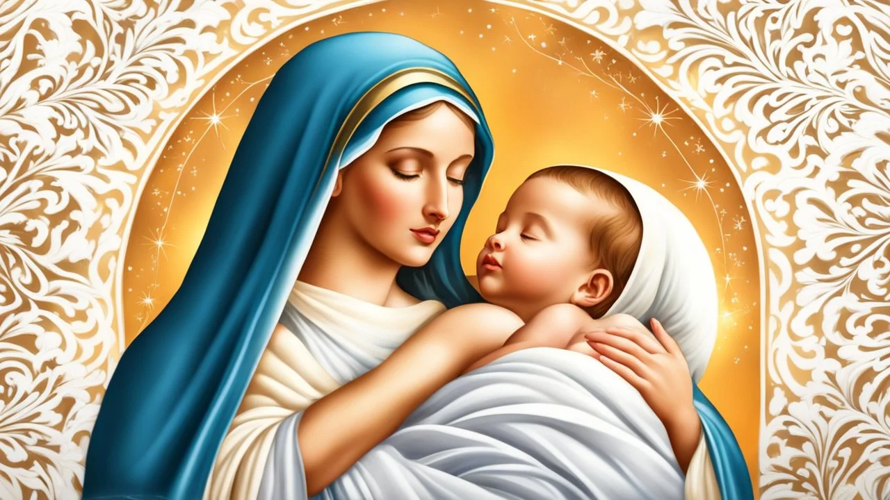 Design for a religious Christmas card showing the newborn baby Jesus with his mother Mary