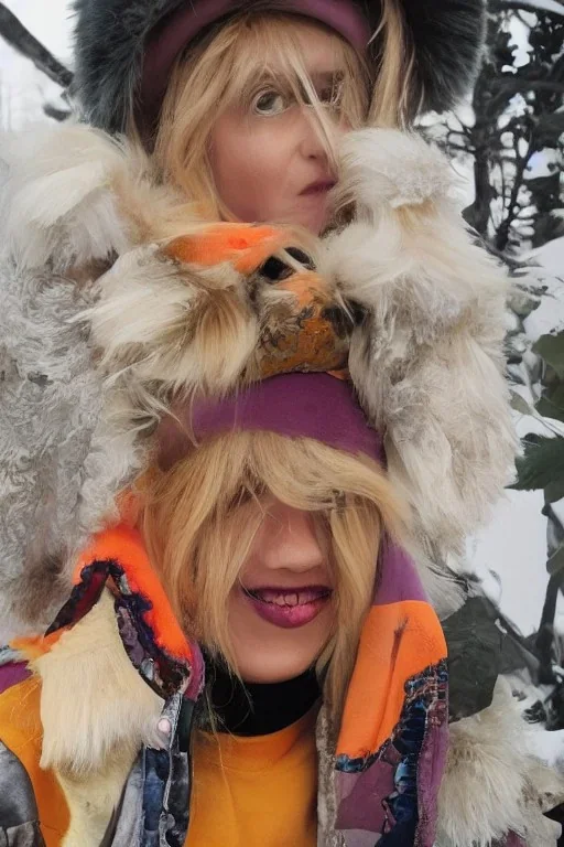 blonde taking selfie.thick thighs,thick calves,flat belly,curvy fell. big head. Mantle is sewed of upcycled Denim and sewed together of camouflage pieces. Pieces' color are orange, cream and purple. It is with big bright purple felt tippet and birght-colored-hood is merged with colorful beanie. Big colored headphones (gold rings!) is merged with small felt cap with small visor. Style: Haute Couture in 1950's Brazil, N.Y.C fashion in 2023