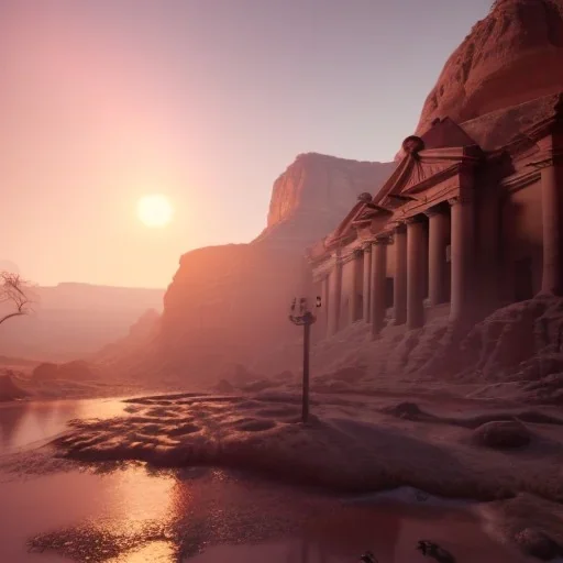 Petra, Ürdün, sunset, springs, beautiful, realistic, hyper detailed, unreal engine 5, octane render