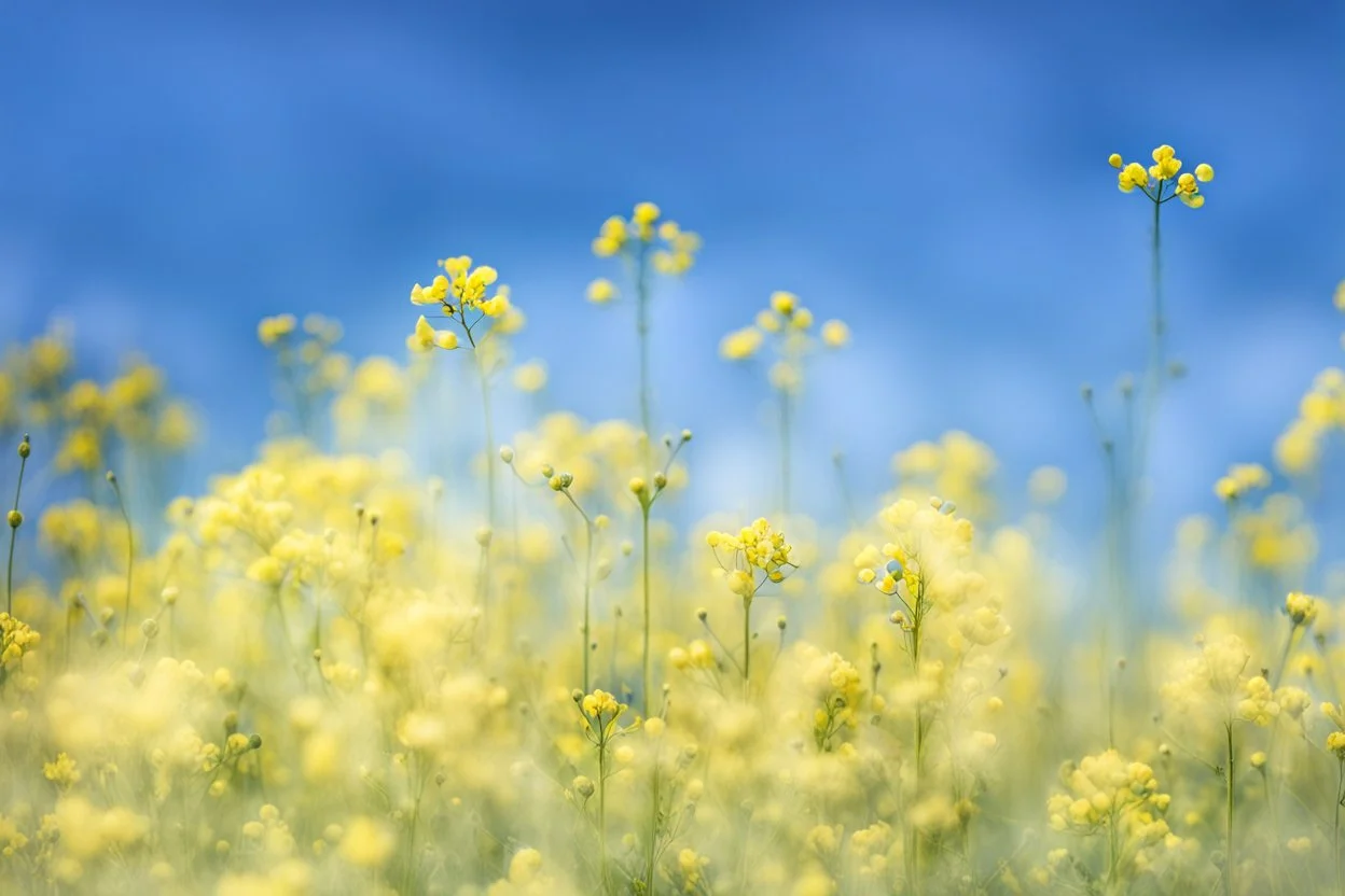 bottom is detailed canola flowers blooming with green stems, top is sky, photography,