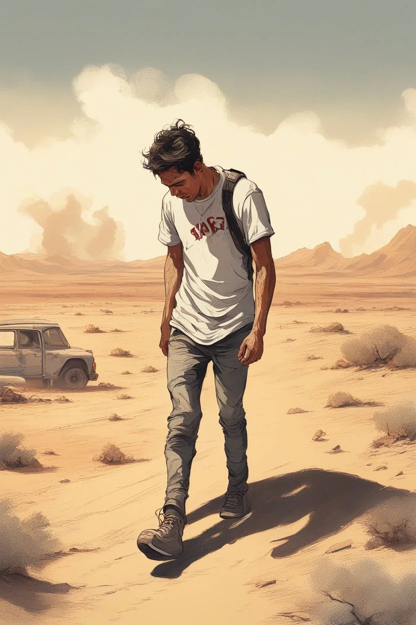 A wounded 25-year-old boy in a men's sports tee is walking in the desert with his head down, smoking a cigarette, and a scene of destruction is unfolding behind him