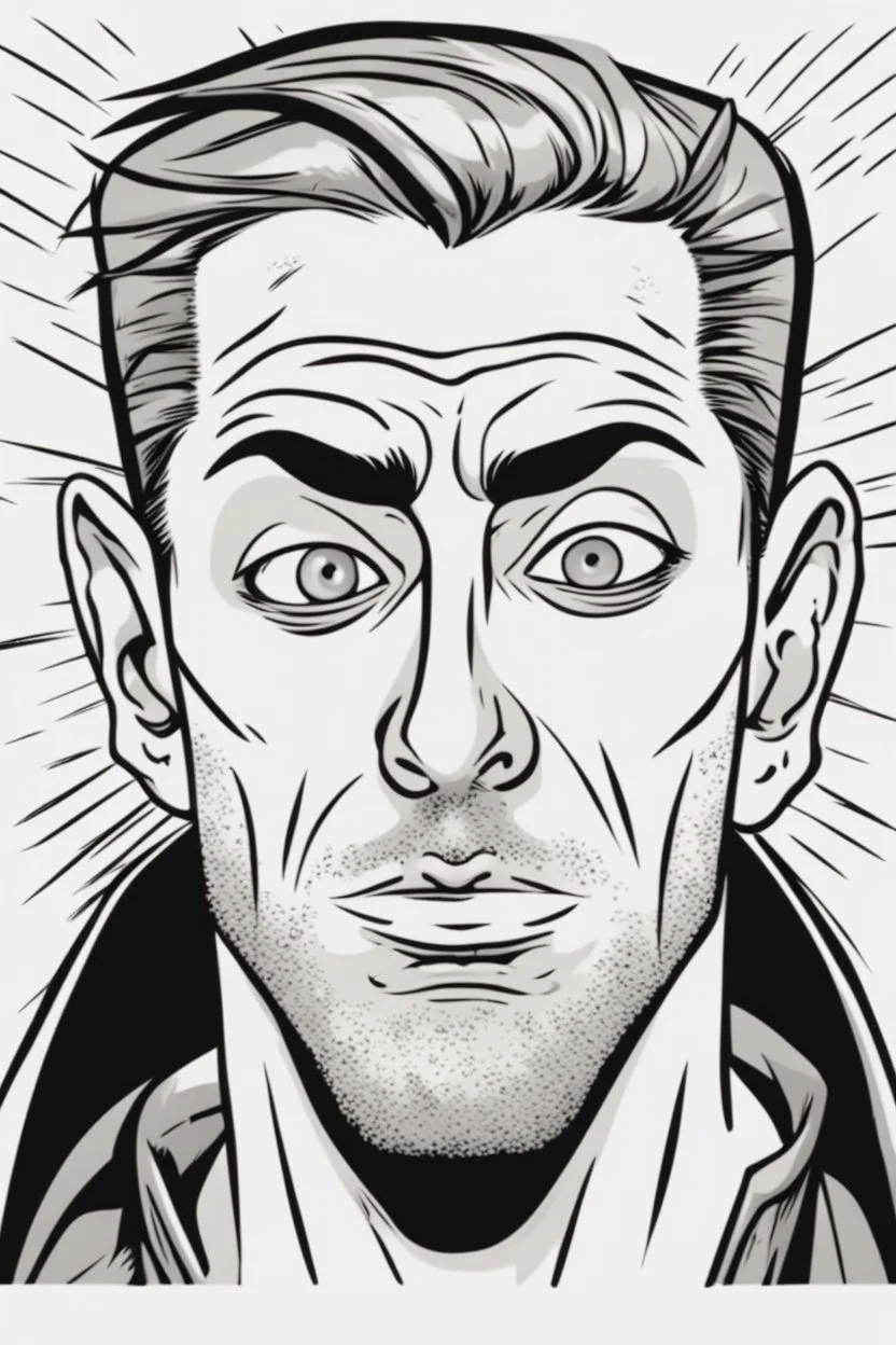 sarcastic deranged man with slicked back hair and stubble comic book style