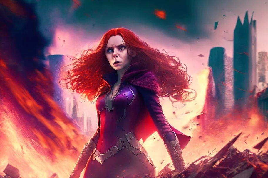 Wanda Maximoff, mulher, jovem, cabelos ruivos, olhos vermelhos, corpo inteiro, fundo cidade destruída, cores brilhantes, de lado destruindo algo com sua magia vermelha, traje da feiticeira escarlate, dramatico, 4k render, imagem cinematográfica. Cores frias,