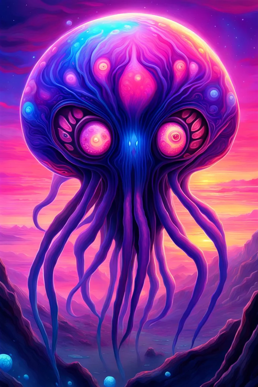 DALL-E 3 P: P: A stunning oil painting in anime style depicting a scary yet colorful creature with translucent, luminous qualities like a jellyfish. The creature has many detailed, iridescent eyes, multiple arms, and large ears. This creature is set against the backdrop of an incredible alien paradise planet at sunset, with vibrant colors and exaggerated perspective. The masterpiece showcases mother of pearl iridescence and holographic whites, creating a terrifying and horror-like atmosphere. Th