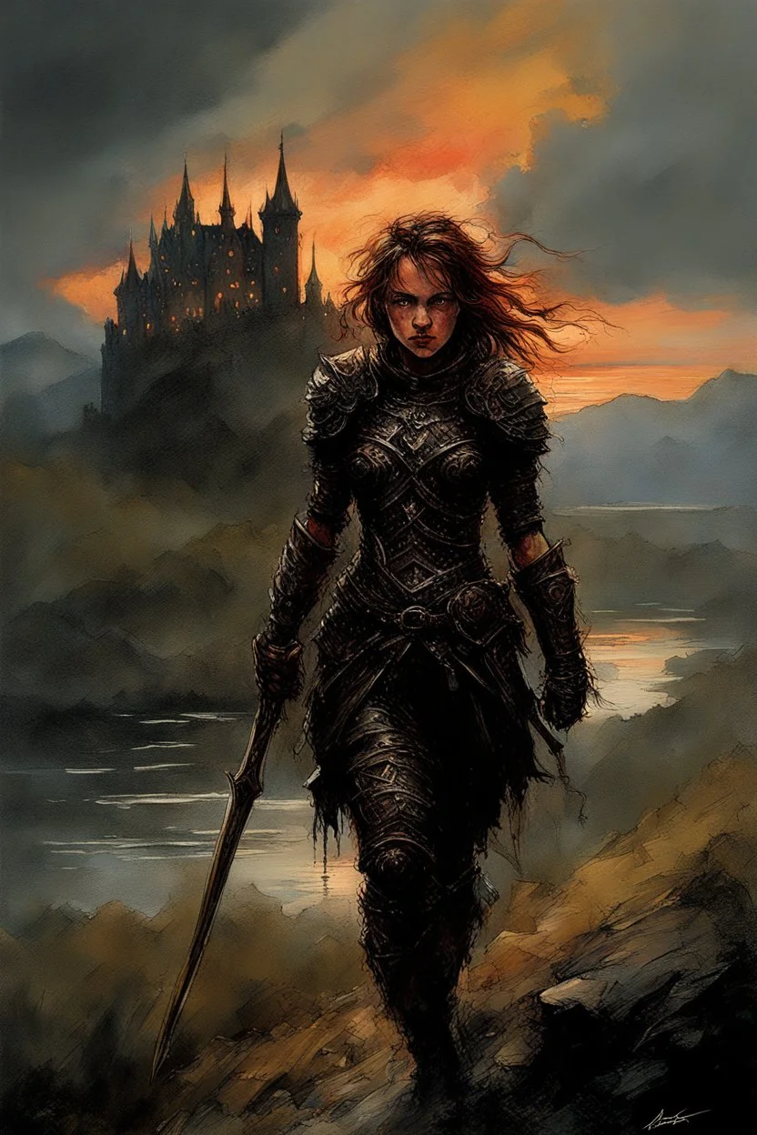 A formidable warrior girl in black armor, on the background Amazing gloomy landscape, flooded with sunset, mountains, trees, fabulous scary hero, , juicy emotions, painting, dark fantasy, gloomy day, dark world, portrait, Gothic Town At Night, Fantasy, Intricate Details, Castle Courtyard Gardens, Hyper Detailed, Jean Baptiste Monge, Carne Griffiths, Michael Garmash, Seb Mckinnon, Masterpiece