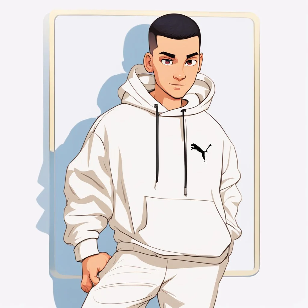 a caricature portrait of a young man standing in front of a white wall. He is wearing a white sweatshirt with the logo of Puma. black hair. short buzz cut hair style. light skin. dark eye pupils. small eyes. black thick eyebrow. small short round face shape. a bit small goatee, without moustache. big nose. thick mouth. pixar style. 3D. 4k. portrait. highly detailed. sharp focus. high resolution. full color. cinema lighting