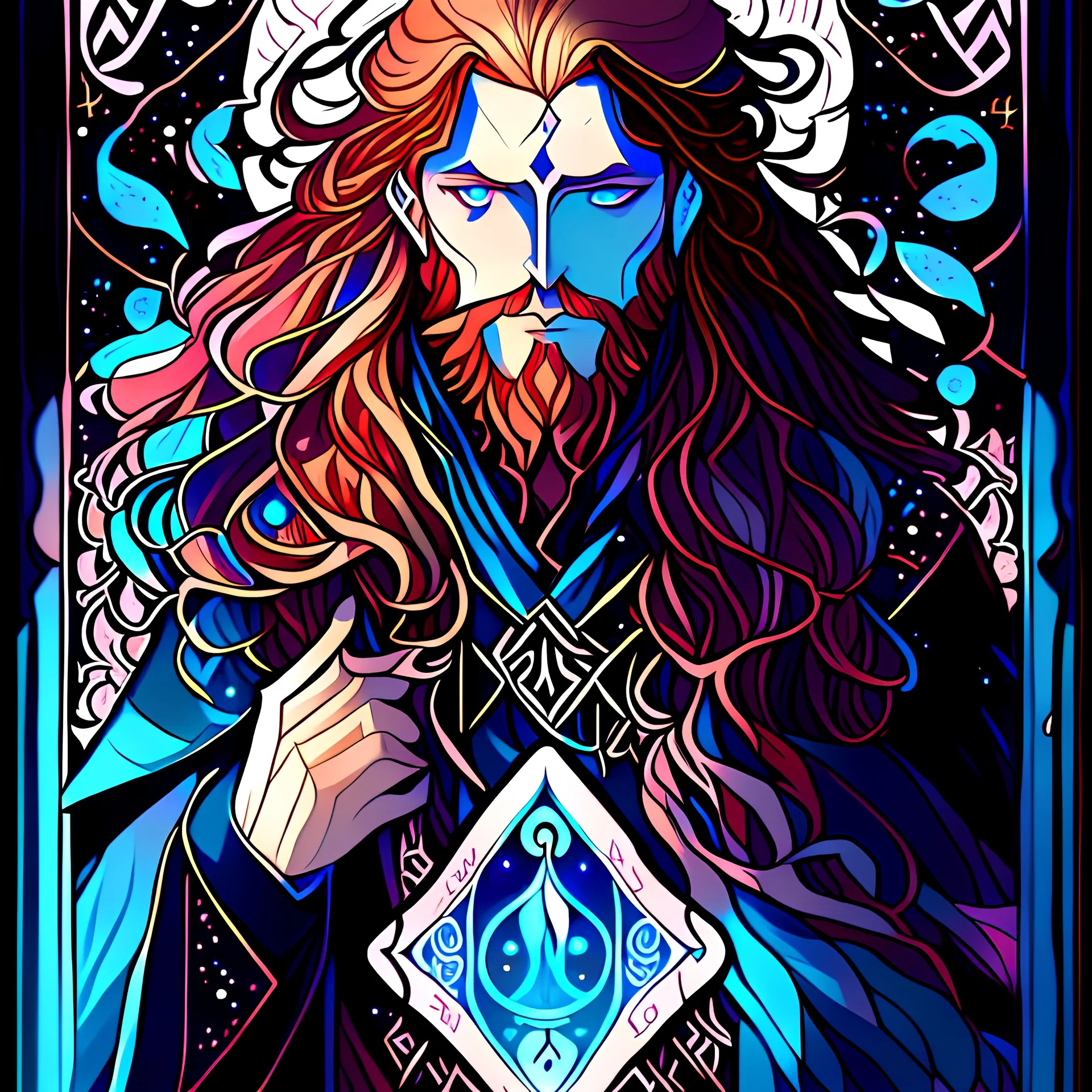 a tarot card of a man in an anime style, the man has long flowing red hair and his eyes are dark blue, he is wizard like with a beard and wearing resplendent mystical robes. Gradient color scheme