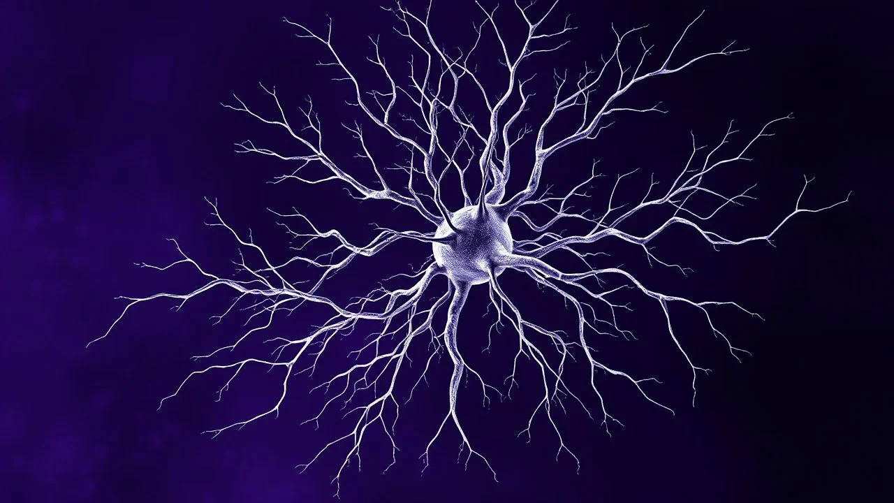 A minimalist, professional digital art graphic and ink montage, background . Deep dark purple background with big wide neural network, nervous system, white-dark blue-magenta-pale gray and black colors, Clean composition with strangge vibe, modern digital art style with surreal vibe, Photorealistic with emotional with abstraction , neurodivergens mood