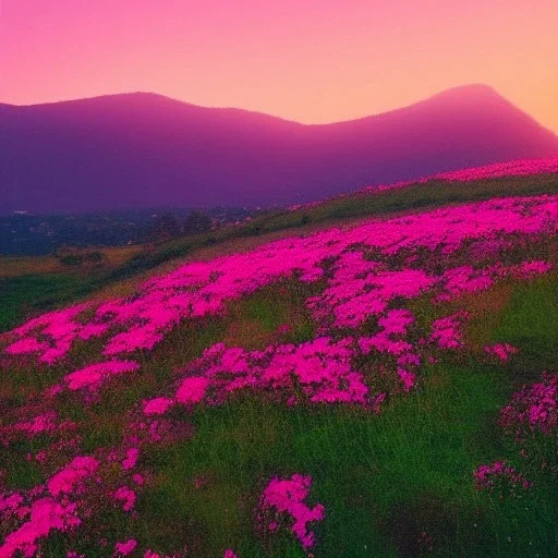 paysage collines roses, coucher de soleil, fleurs