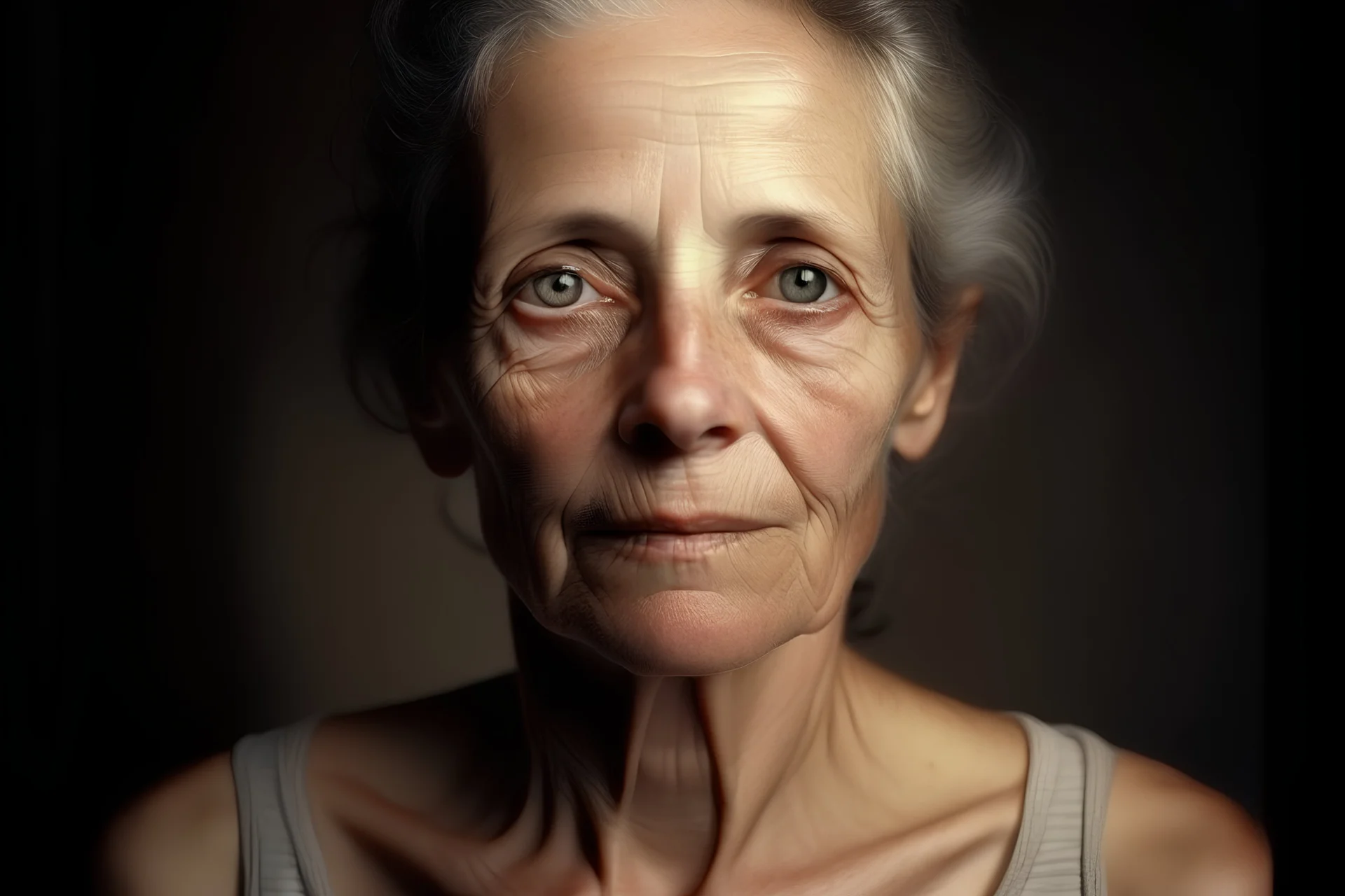 1993; photographic portrait; 56 year old woman, calm eyes, cream skin, comatose expression, cotton tank top;