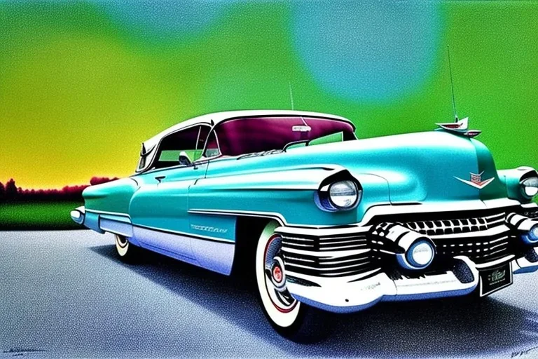 a true-to-life 1951 cadillac deville, classic wheels, pen and color marker, centered, intricate, extreme detailed, photorealism, center view, drive-in background, pivot on cadillac, painting by cheryl kelley