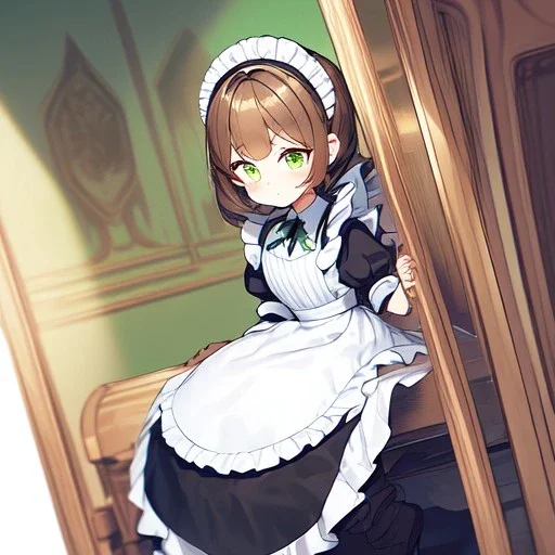 Clear focus, High resolution, short dark brown fluffy hair, green eyes, wearing a maid outfit, sitting down, in a house, cartoon eyes, cute, cartoony style, flat shading