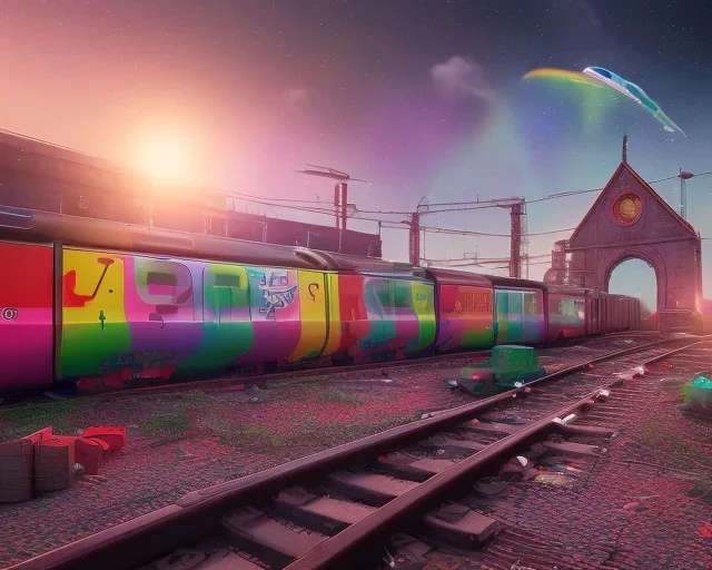 train with graffiti on a rainbow track in outerspace, planets in the background, steam bubbles from chimney, galaxy, fantasy, spacecore, otherworldly