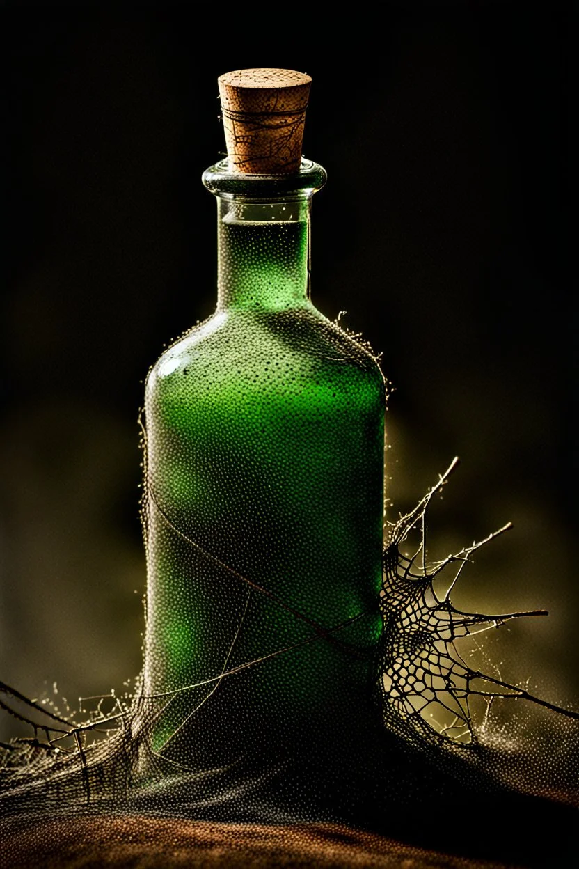 Bottle of poison with cork covered in dust and cobwebs