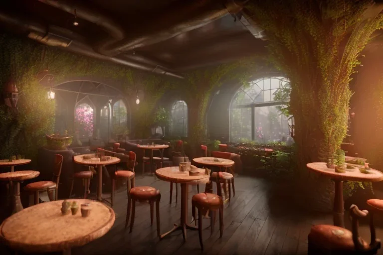 Immersive​ fantasy elven cafe with beautiful flower