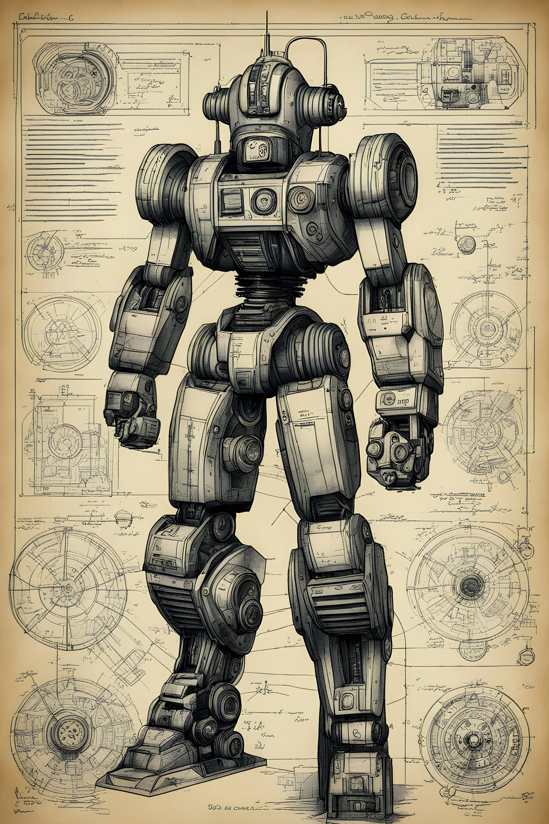 Hand drawn, art by Wayne Reynolds , Daren Bader and Tom Tenery, old paper with detailed schematics of dark dieselpunk cute robotic goku detailed drawings, cross section, concept sheet sketch, 8k