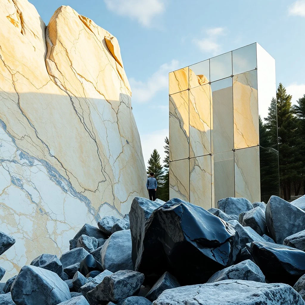 Un'immagine di un paesaggio naturale con marmi gialli e blu, imponenti, accanto a strutture artificiali verticali e alberi. Queste strutture sembrano blocchi rettangolari riflettenti, come colonne di vetro, che creano un contrasto tra il naturale e l'artificiale. Gabbia brutalista si erge solitaria. Persona osserva. bianco con venature e solchi. Magma liquido nero. La scena trasmette un senso di dialogo tra elementi organici. Dettagli degli specchi e delle rocce molto accentuati