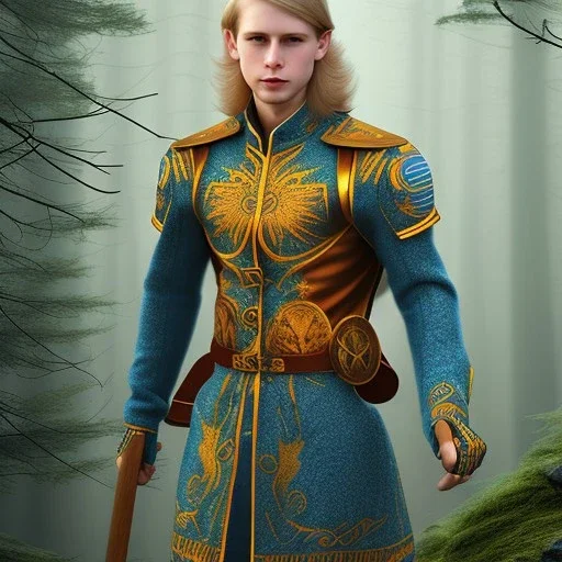 Male, Human, Blond, galactique, Fire Mage,blue Eyes, Young, Photorealism, Full Body Shot, Forest Background blue