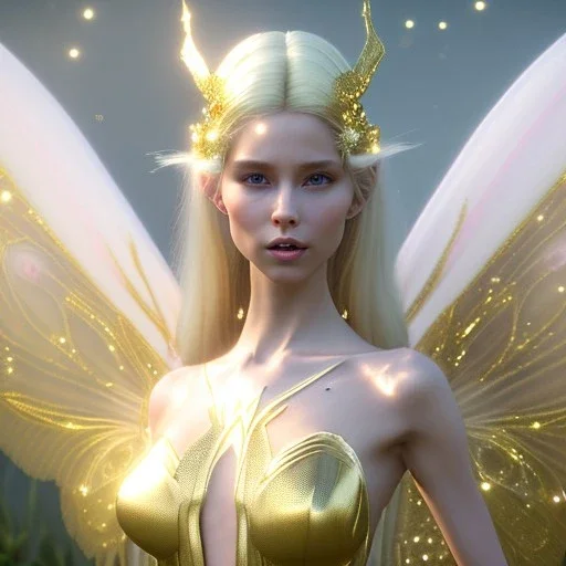 beautiful fairy very etheric, nice smiling, long blond hair, magic glamour pink make up, delicate colors, complete vision of very transparent golden and big wings, beautiful glamour transparent golden dress, ultra sharp focus, 8k, unreal engine 5, extremely sharp detail, light effect, soft light atmosphere, smooth, full of details, face in front, complete vision of face and hair and of the body