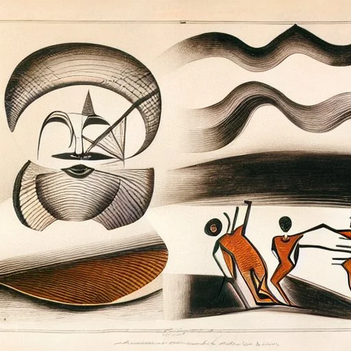 drawn in single line by Nicolai Blatter with hatch with parallel wavy lines metal engraving with african man dance procession in salvador dali style or picasso style