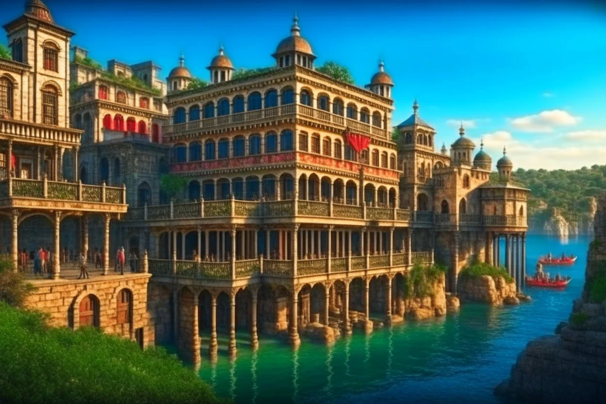 medieval buildings with balconies overhanging lake edge with blue sky and people, photorealism detailed matte painting, deep colour, fantastical, intricate detail, splash screen, concept art