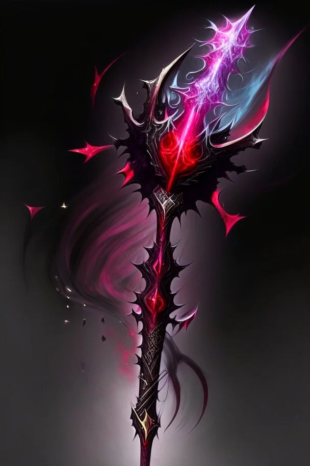 A sorceress evil staff that is a mix colors of red and black crystals and sharp edges, with black aura swirling around it