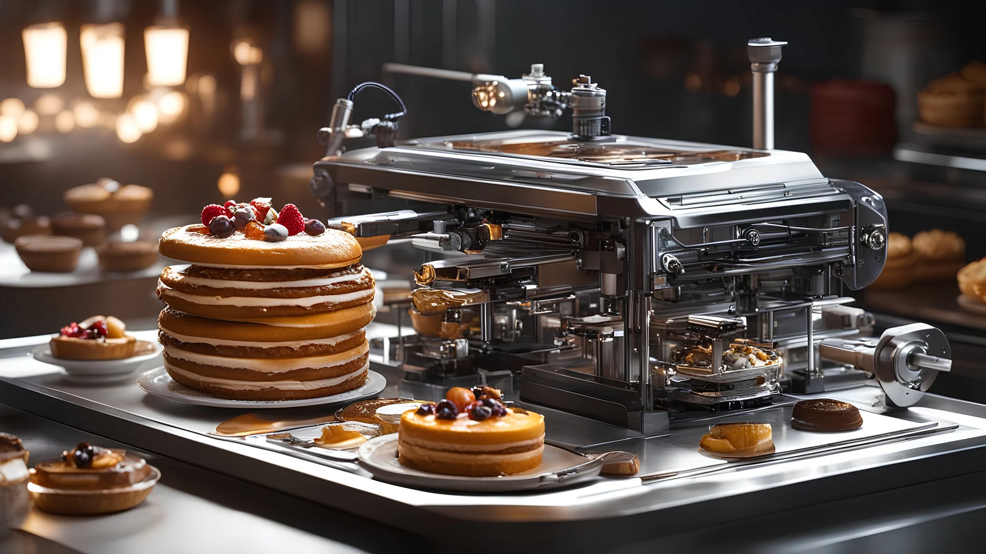 Machine robotique pour faire des pâtisseries élaborées, composition délicieuse, attrayante, chaude et exquise, beau rendu d'octane incroyablement détaillé et complexe, tendance sur artstation, photographie artistique 16k, art conceptuel photoréaliste, lumière parfaite cinématique volumétrique naturelle douce, clair-obscur, photographie primée, chef-d'œuvre , raphaël, le Caravage, alma-tadema