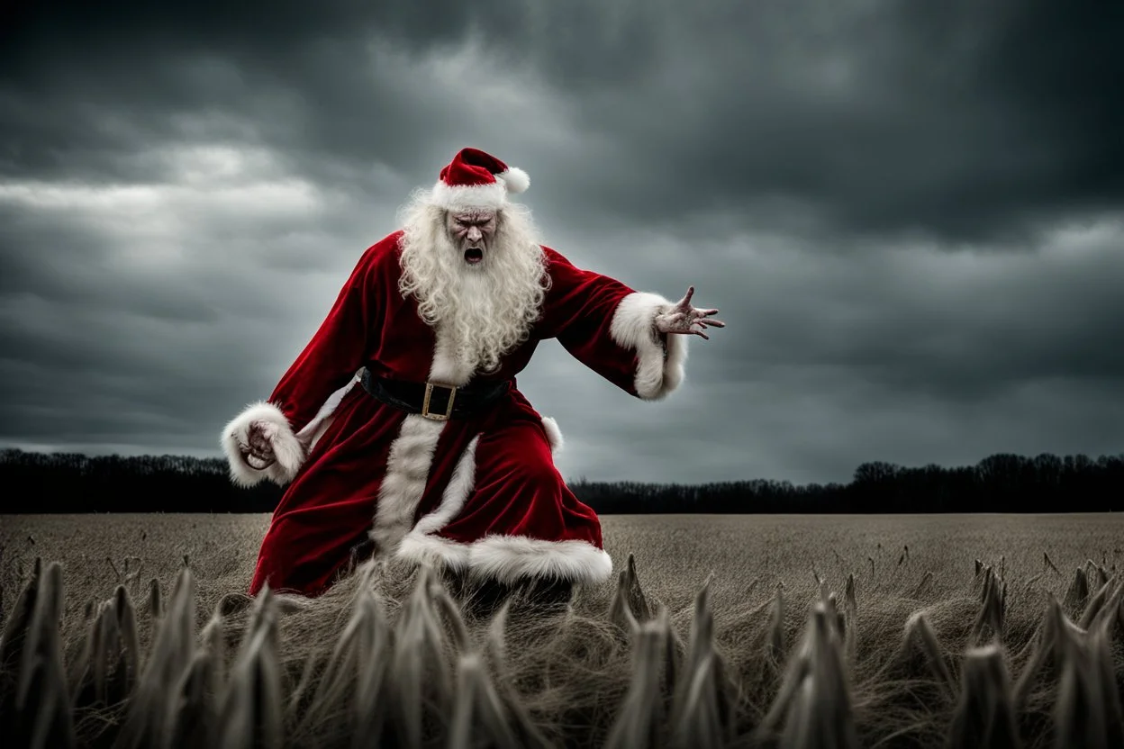 A captivating image of a attacking angry Scary vampire Father Christmas, poised on a vast field with a stark contrast between light and dark, conveys a powerful sense of tension. In this expertly captured photograph, the predatory animal stands tall, its muscular frame oozing strength and dominance. The sharpness of every detail accentuates the creature's primal aura, from its razor-sharp teeth and piercing eyes to its sleek, glossy fur. This mesmerizing image.