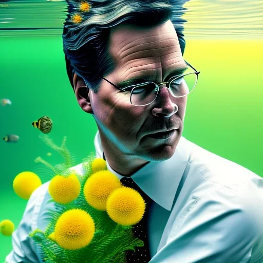 Mark Rutte hyper realist, hyper detailed,underwater with yellow flowers for hair, closed eyes, rtx, reflection, 8k, glow, winning photography, caustics