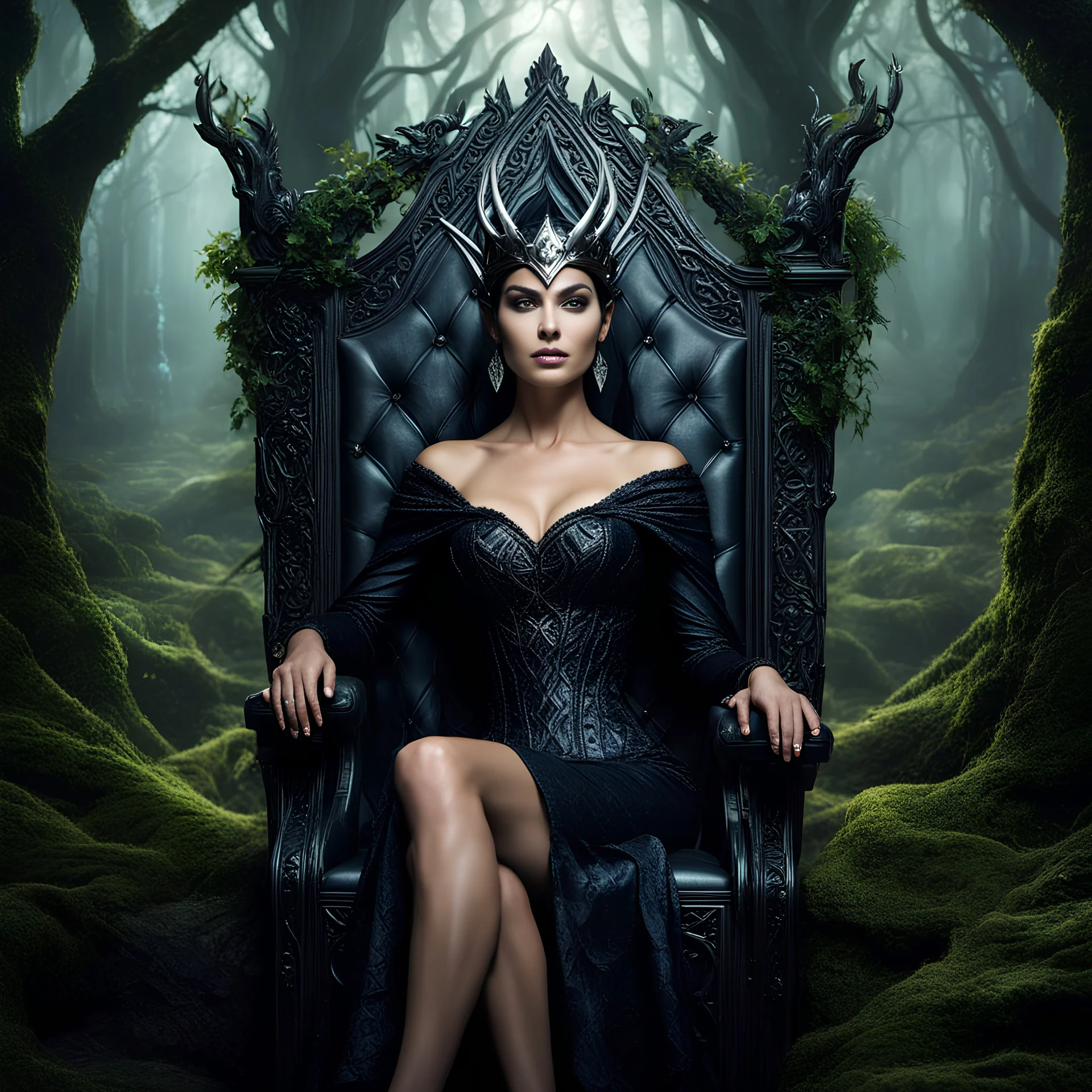 Morena Baccarin as a beautiful sexy dark elf queen seated elegantly on a throne in a mystical forest, dark celtic vignette frame, photo-realistic, cinematic lighting, award-winning photography