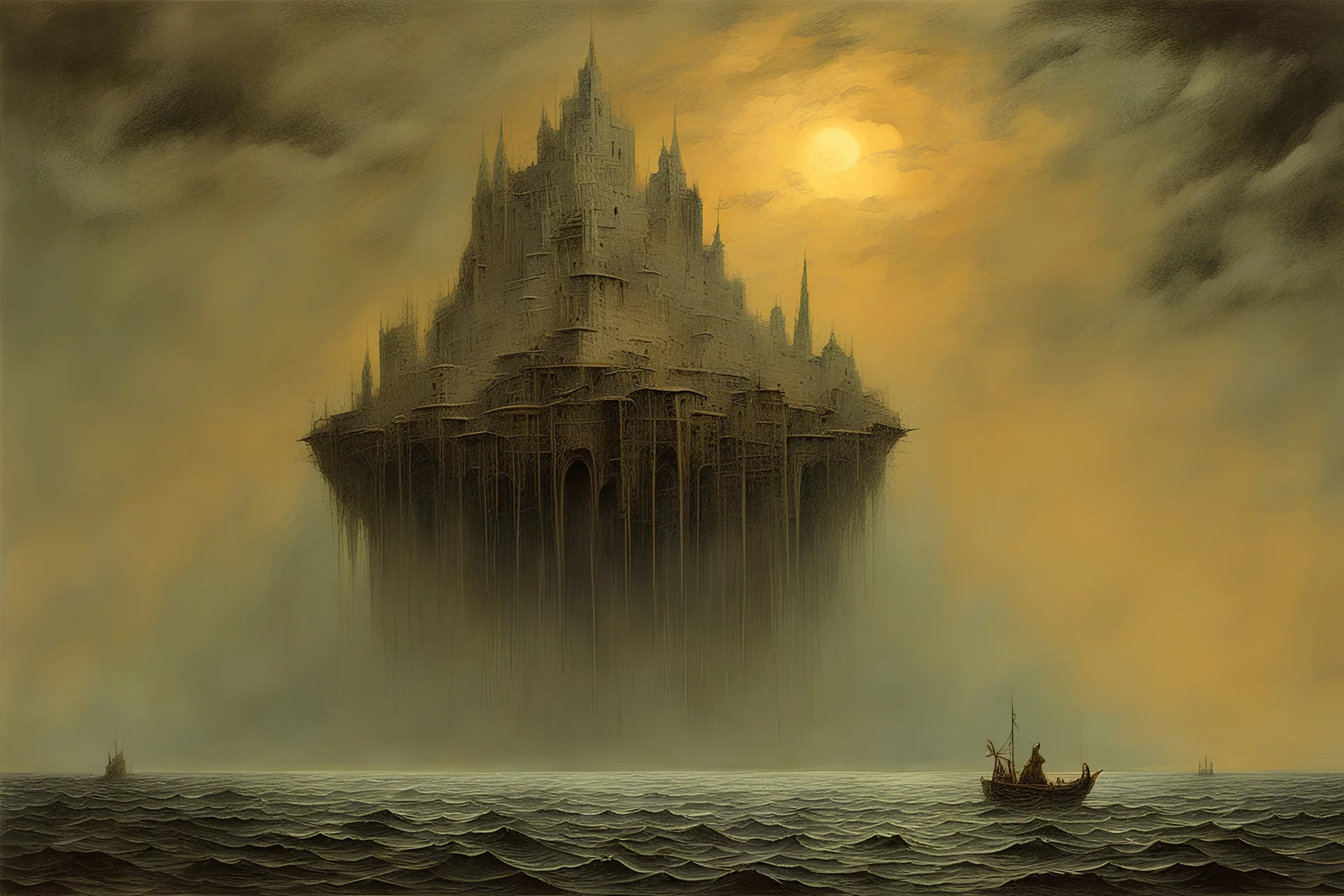 space castle floating above a stormy silver sea, by Zdzisław Beksiński