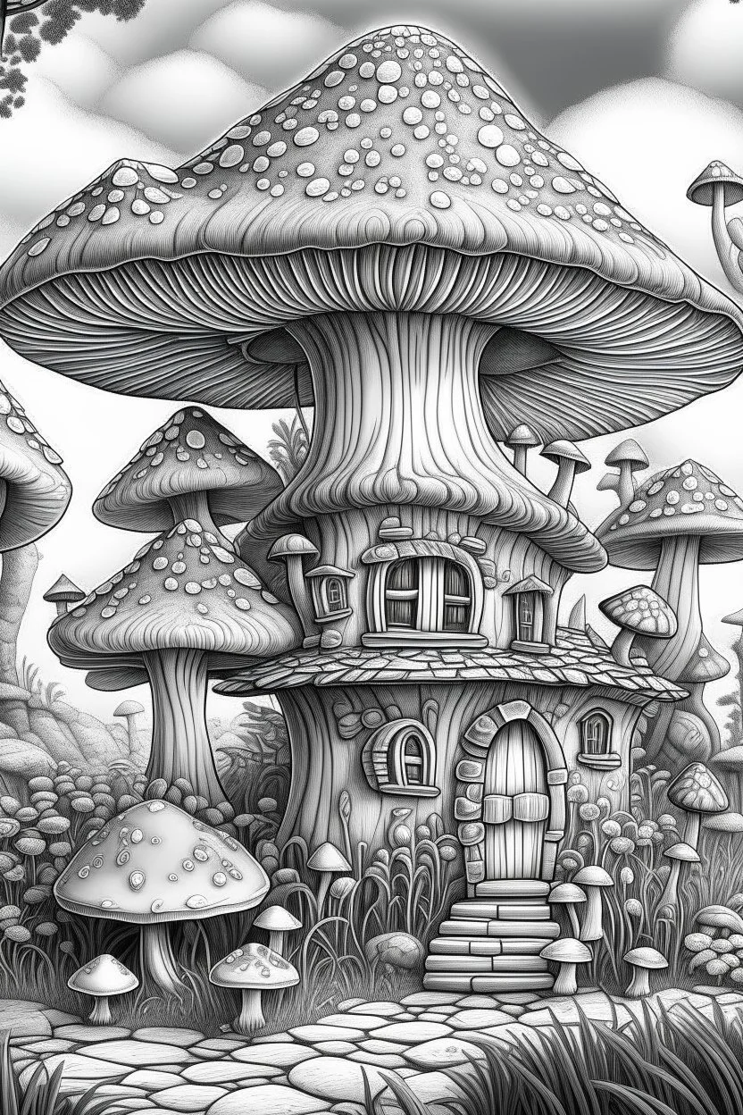 MANDELA STYLE .Mushroom houses Coloring Book for Adults and Kids, Instant Download, Grayscale Coloring Book