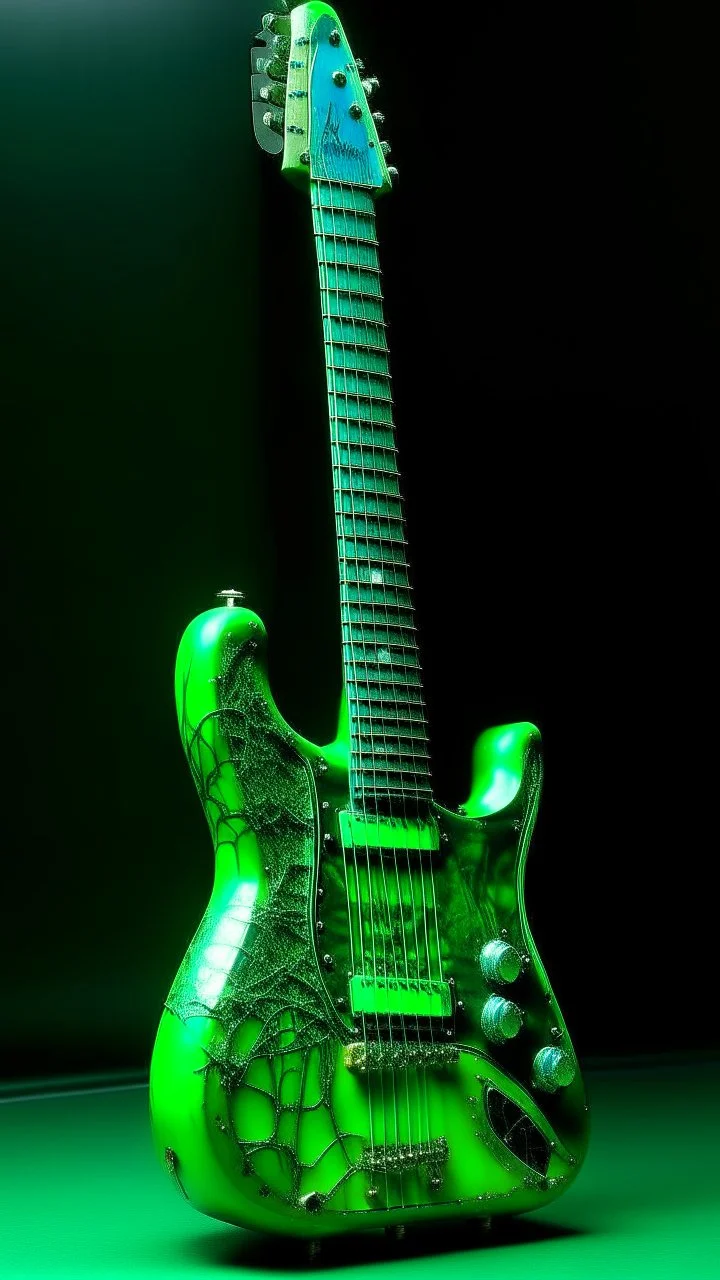 A lime green cybernetic guitar painted by Claude Monet