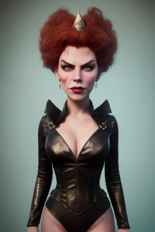 Hannah Waddingham as evil queen in black leather, busty, cleavage, voluptous, rebecca Welton, angry, stern look. character design by cory loftis, fenghua zhong, ryohei hase, ismail inceoglu and ruan jia. unreal engine 5, artistic lighting, highly detailed, photorealistic, fantasy