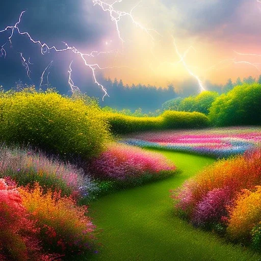 flowery landscape with a besutiful bright fairy, soft pastel colors, soft lightning