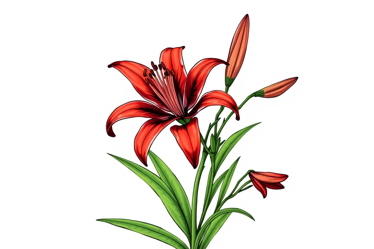 Western Red Lily plant,illustration on white background, vignette