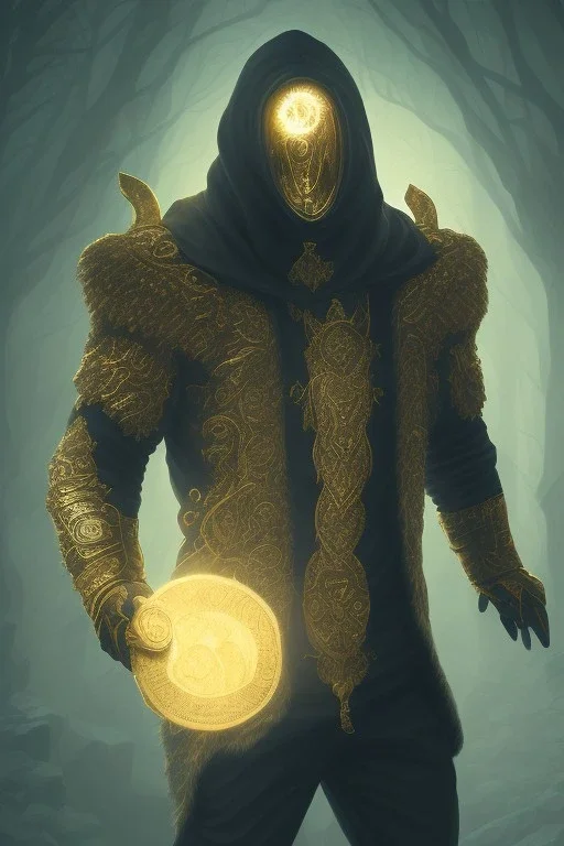 running berserker portrait , no face, black jogging suite , in the night Alps , holding coins , angels background, volumetric gold light, high detail, dark leaf tree, dark mountains in background, perfect