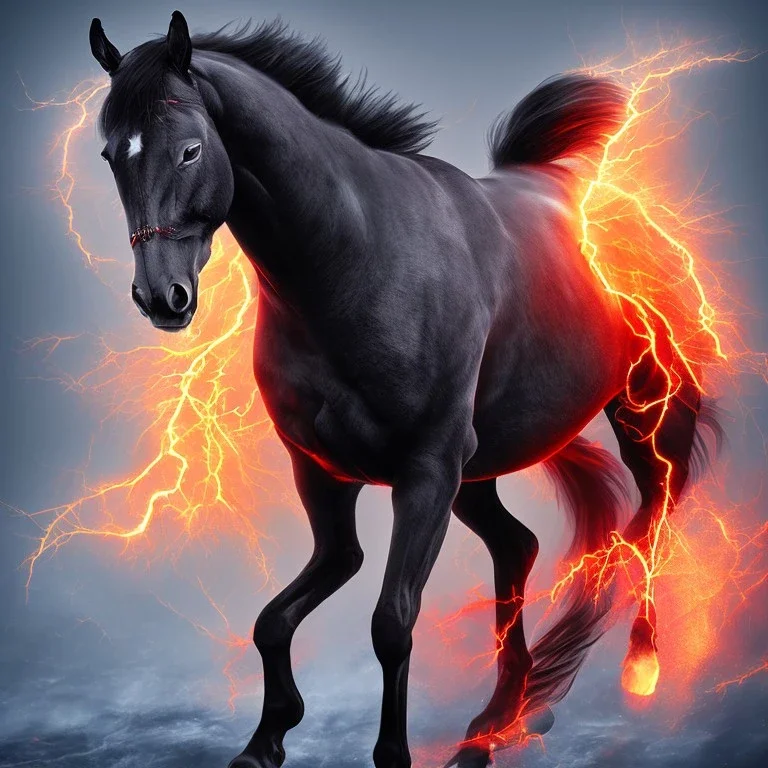 Black muscular horse with red eyes, fire, ice, lightning