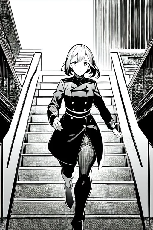 military girl runs on the stairs, greyscale