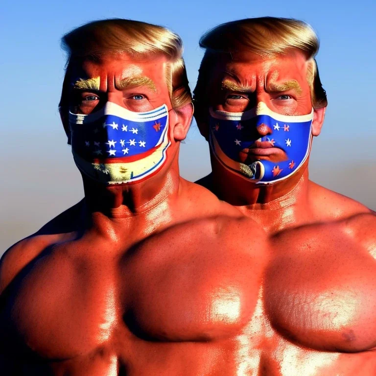 Realistic image of Donald trump wrestler, Mexican wrestling style, Mexican wrestling mask for eyes, red and blue breeches, glow confederate flag dress, suspenders, retro style, 80s, vibrant color, highly detailed, sky background, concept art, unreal engine 5, god rays, ray tracing, RTX, lumen lighting, ultra detail, volumetric lighting, 3d, finely drawn, high definition, high resolution.