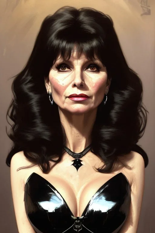 painting of victoria principal as evil queen in black leather, feminie, angry, stern look on her face, volouptous, busty, cleavage, emperious, mature, highly detailed, digital painting, artstation, concept art, smooth, sharp focus, illustration, art by gaston bussiere and alphonse mucha