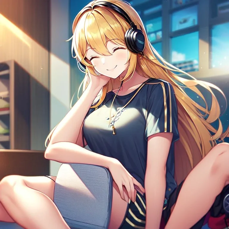 girl, masterpiece, best quality, volumetric lighting, detailed outfit, perfect eyes, golden hair, long hair, closed eyes, headphones on head, listening to music, smile, sitting, indoors, god rays, legs up to chest, casual clothes,