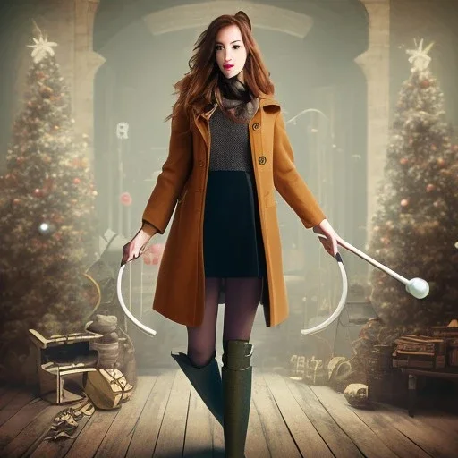 Woman standing with crutch, coat, toy shop background