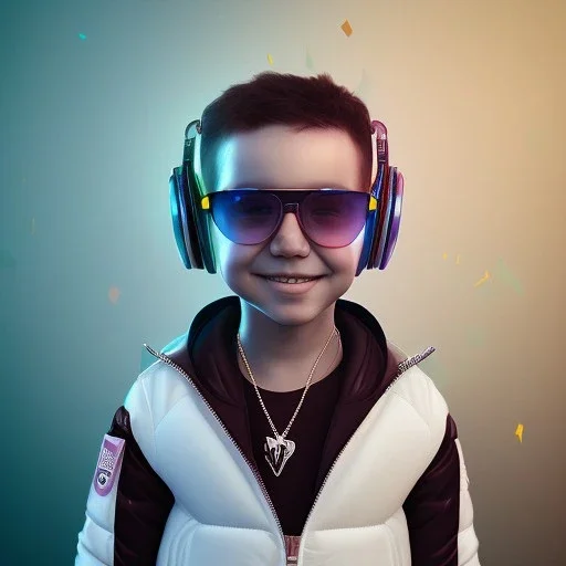 stylized Rabbit toddler, smiling, cyberpunk headphone, sunglass, gangsta gold neckless, full body, magenta puffer jacket, manila city backdrop, dramatic lighting, hyper realistic, unreal engine 5, 16k