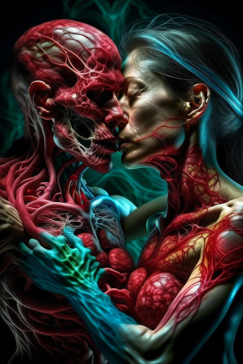 cinematic gore photorealistic fleshy dmt lsd photo of 2 bodies making love, 1 male 1 female, 1 soul, complementary, anatomically fragmented, ripped apart again being flayed, skinned alive. A beating heart, muscles, blood vessels, bowels, entrails are exposed. anatomy. physiology. astrology. astronomy. hallucinations. mythology. grotesque.